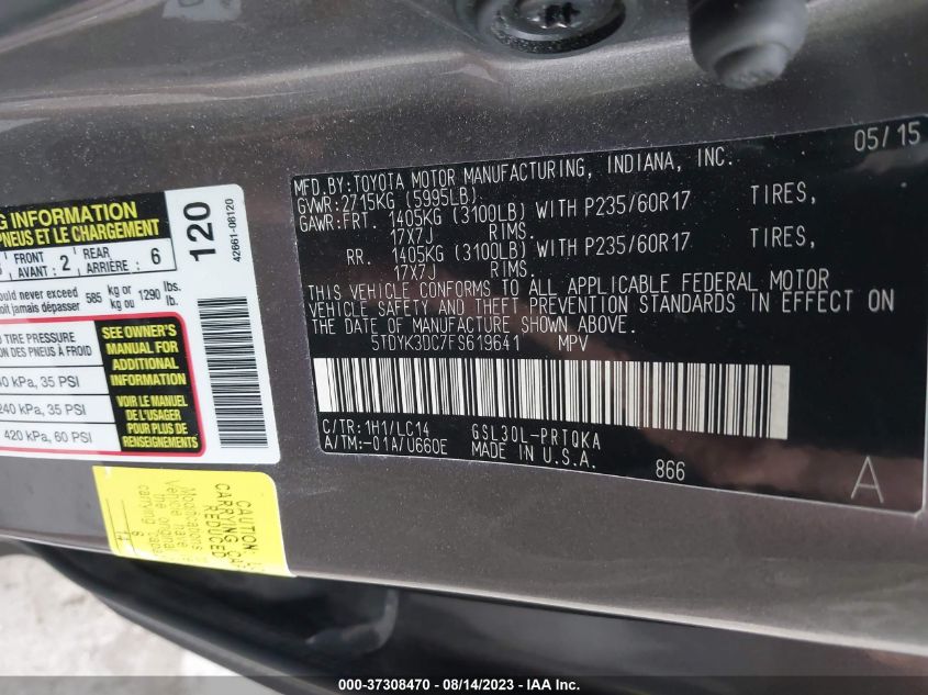 2015 TOYOTA SIENNA XLE/XLE AAS/LTD - 5TDYK3DC7FS619641