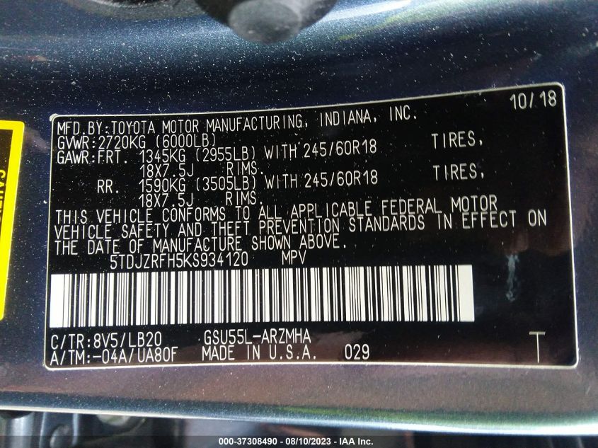 2019 TOYOTA HIGHLANDER SE/XLE - 5TDJZRFH5KS934120