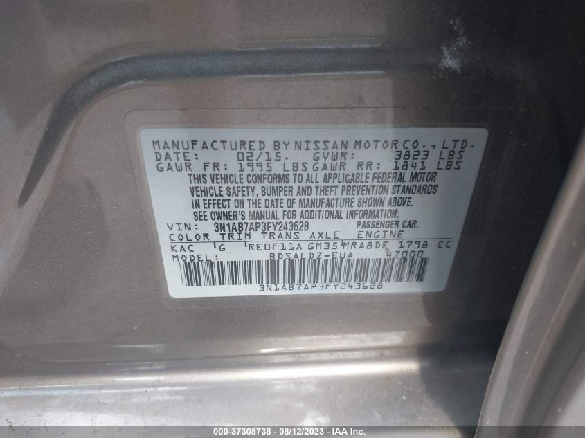 2015 NISSAN SENTRA SR/SL/S/SV/FE+ S - 3N1AB7AP3FY243628