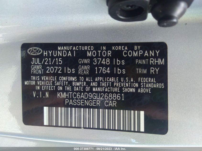 2016 HYUNDAI VELOSTER - KMHTC6AD9GU268861