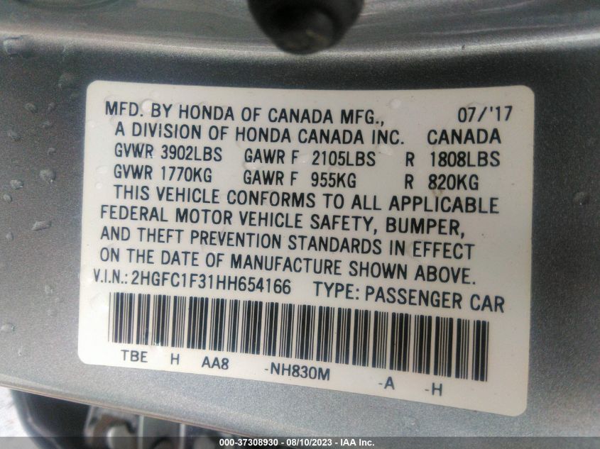 2017 HONDA CIVIC SEDAN EX-T - 2HGFC1F31HH654166