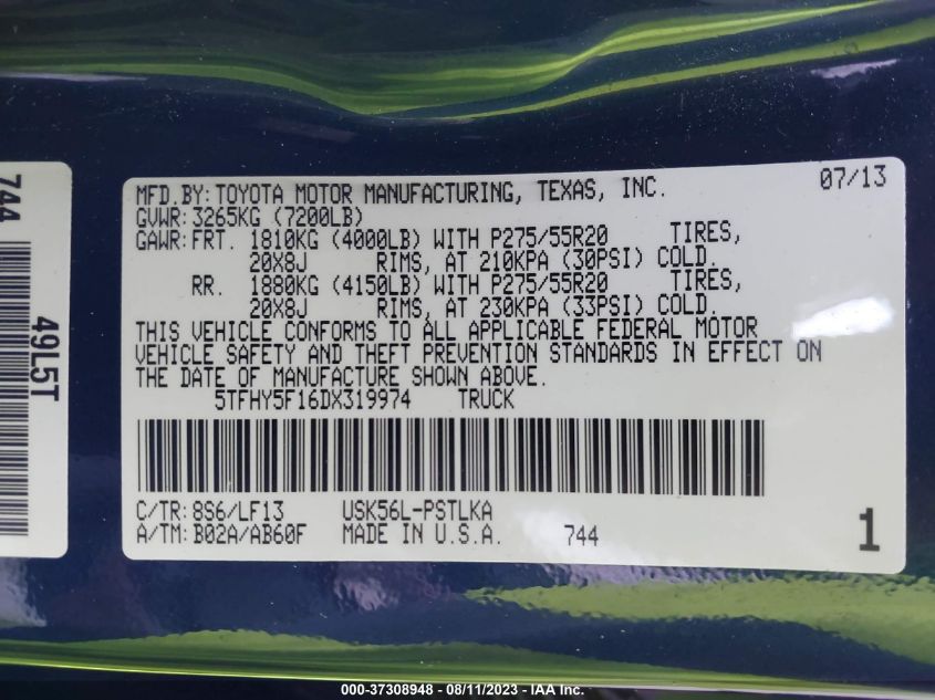2013 TOYOTA TUNDRA 4WD TRUCK LTD/PLATINUM 5TFHY5F16DX319974