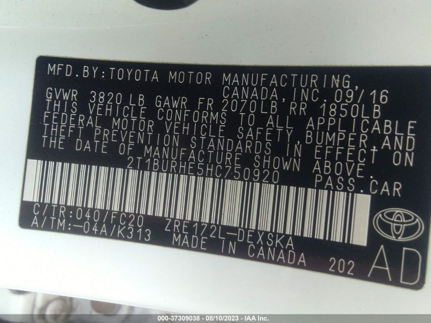 2017 TOYOTA COROLLA L/LE/XLE/SE/XSE - 2T1BURHE5HC750920