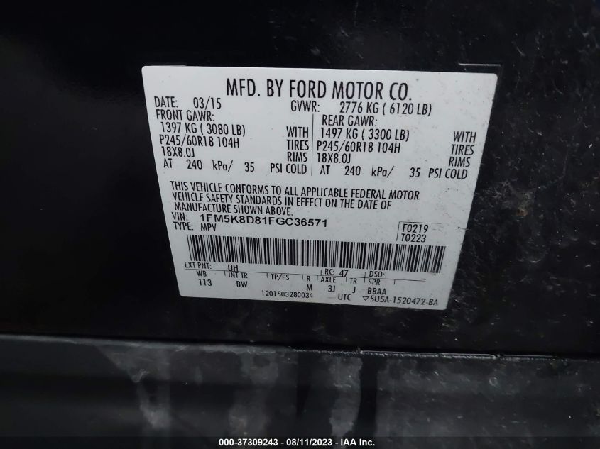 2015 FORD EXPLORER XLT - 1FM5K8D81FGC36571