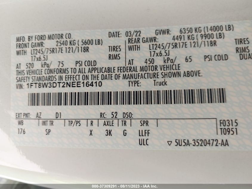 2022 FORD F350 SD - 1FTHW3DT2NEE16410