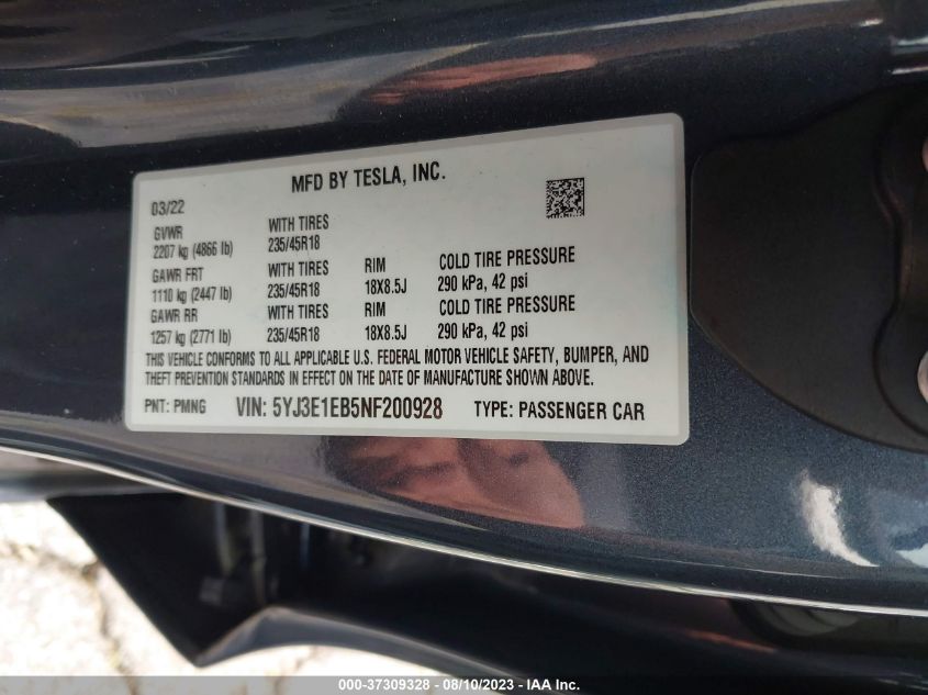 2022 TESLA MODEL 3 - 5YJ3E1EB5NF200928
