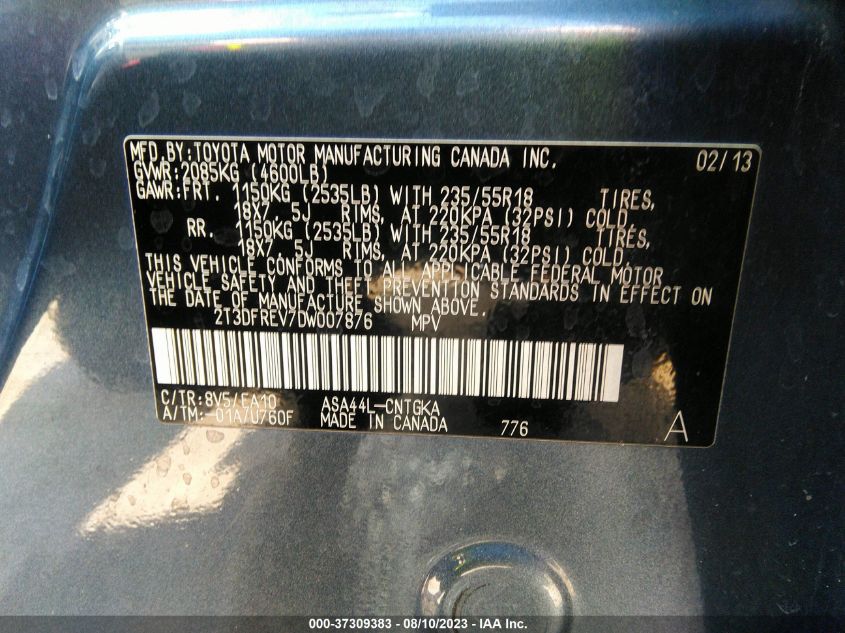 2013 TOYOTA RAV4 LIMITED - 2T3DFREV7DW007876