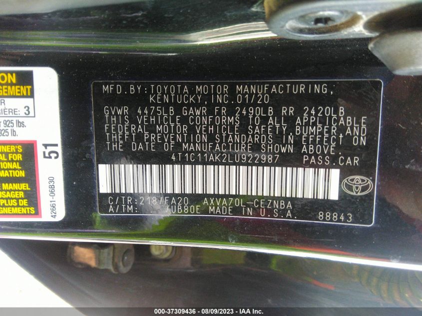 2020 TOYOTA CAMRY LE - 4T1C11AK2LU922987