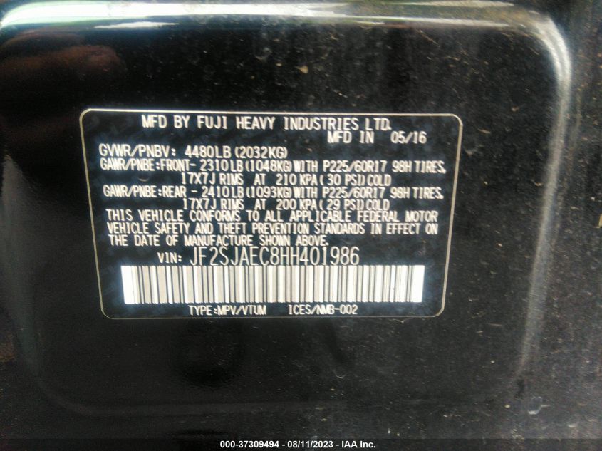 2017 SUBARU FORESTER PREMIUM - JF2SJAEC8HH401986