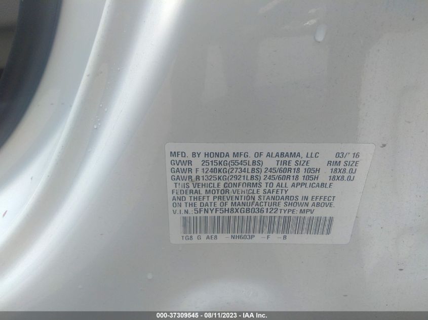 2016 HONDA PILOT EX-L - 5FNYF5H8XGB036122