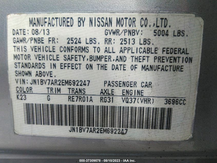 2014 INFINITI Q50 SPORT - JN1BV7AR2EM692247