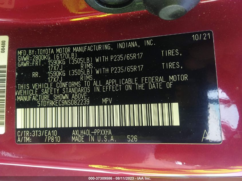 2022 TOYOTA SIENNA XLE - 5TDYRKEC9NS082239