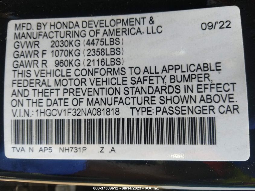 2022 HONDA ACCORD SEDAN SPORT - 1HGCV1F32NA081818