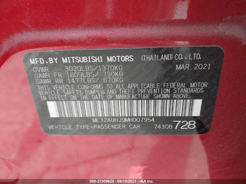 2021 MITSUBISHI MIRAGE ES/LE/CARBONITE EDITION - ML32AUHJ9MH007954