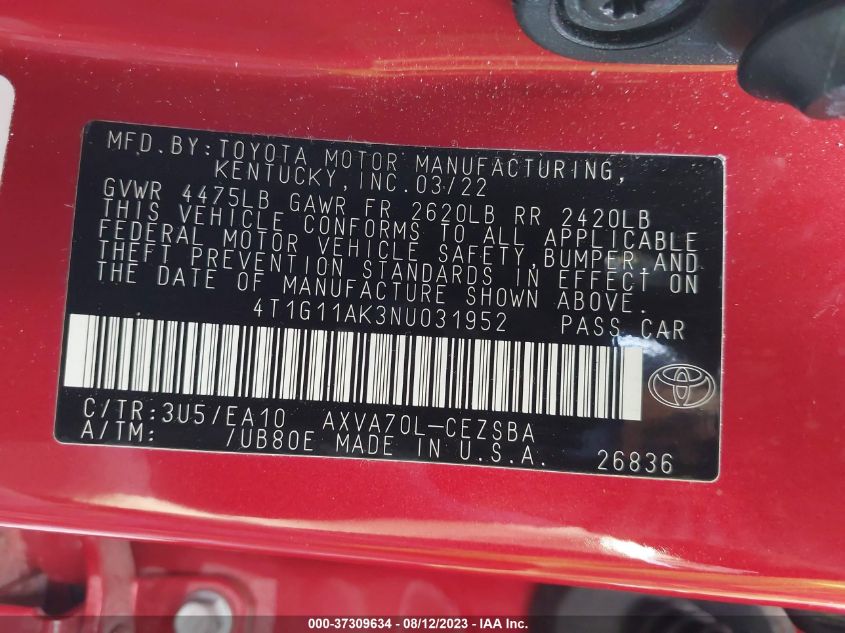 2022 TOYOTA CAMRY SE - 4T1G11AK3NU031952