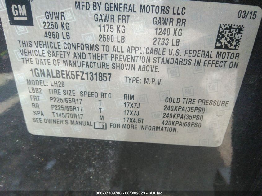 2015 CHEVROLET EQUINOX LT - 1GNALBEK5FZ131857