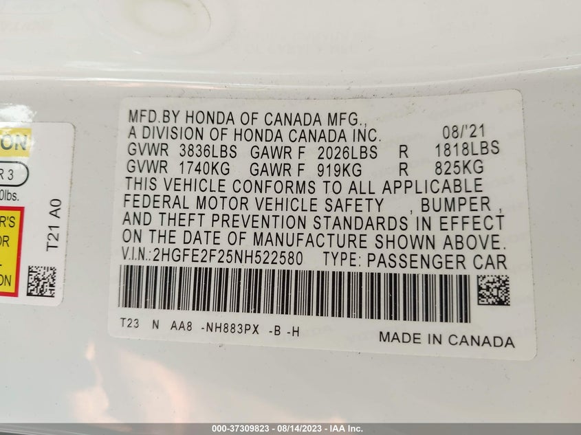 VIN 2HGFE2F25NH522580 2022 HONDA CIVIC SEDAN LX