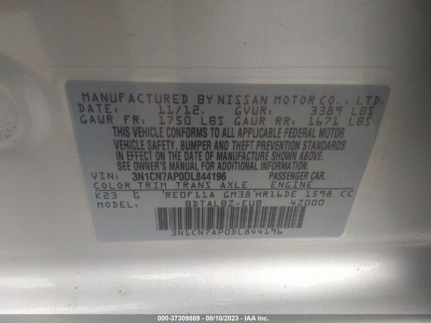 2013 NISSAN VERSA SV - 3N1CN7AP0DL844196