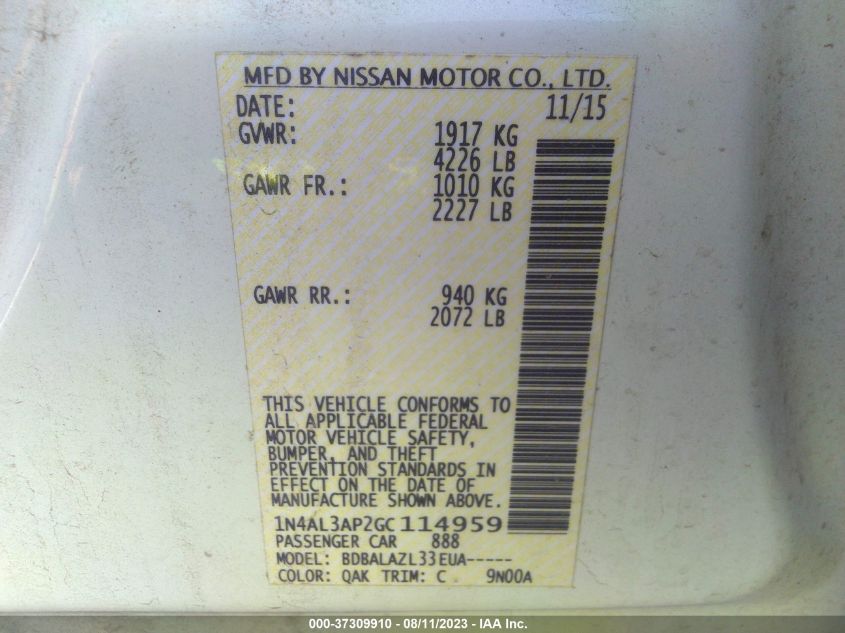 2016 NISSAN ALTIMA 2.5/S/SV/SL/SR - 1N4AL3AP2GC114959