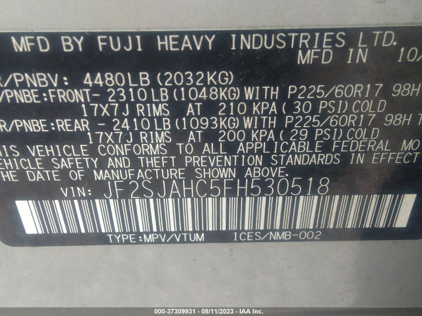 2015 SUBARU FORESTER 2.5I LIMITED - JF2SJAHC5FH530518