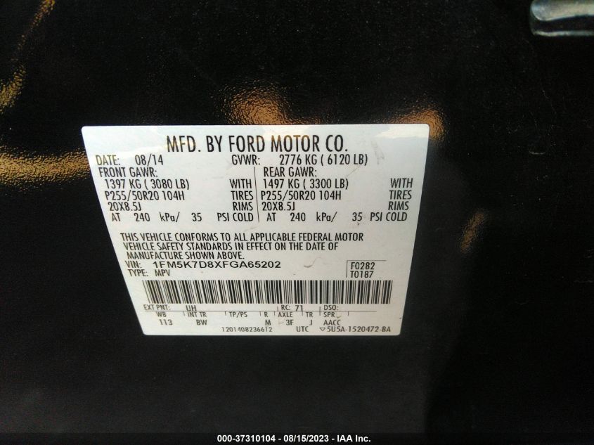 2015 FORD EXPLORER XLT - 1FM5K7D8XFGA65202
