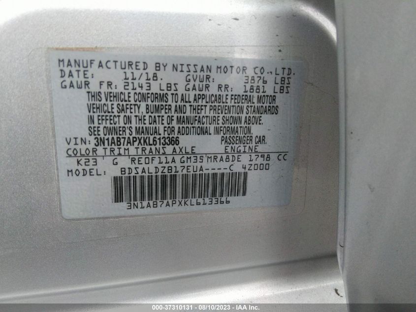 2019 NISSAN SENTRA SV - 3N1AB7APXKL613366