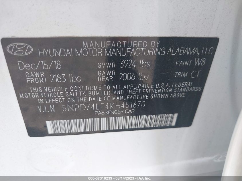 2019 HYUNDAI ELANTRA SE - 5NPD74LF4KH451670