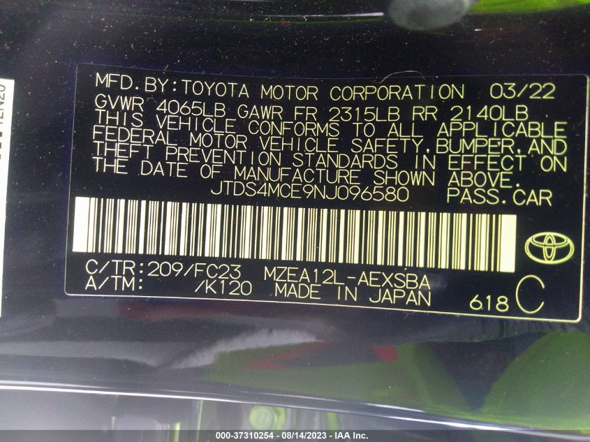 2022 TOYOTA COROLLA SE/SE NIGHTSHADE/APEX SE - JTDS4MCE9NJ096580