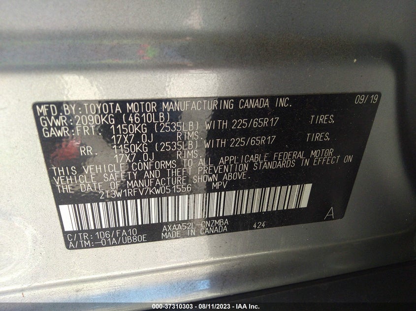 VIN 2T3W1RFV7KW051556 2019 TOYOTA RAV4 XLE