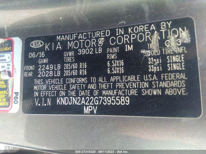 2016 KIA SOUL BASE - KNDJN2A22G7395589