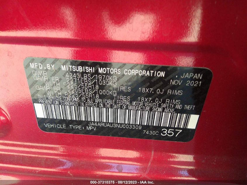 2022 MITSUBISHI OUTLANDER SPORT ES/LE/SE - JA4ARUAU3NU003309