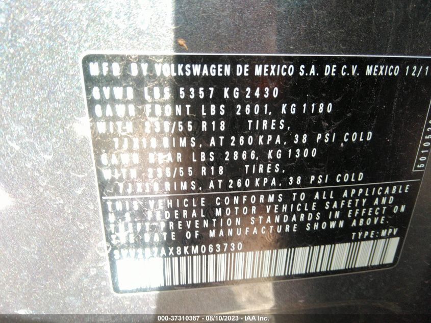 2019 VOLKSWAGEN TIGUAN SE/SEL/SEL R-LINE - 3VV2B7AX8KM063730