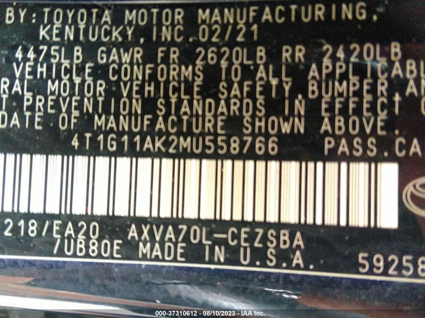 2021 TOYOTA CAMRY SE - 4T1G11AK2MU558766