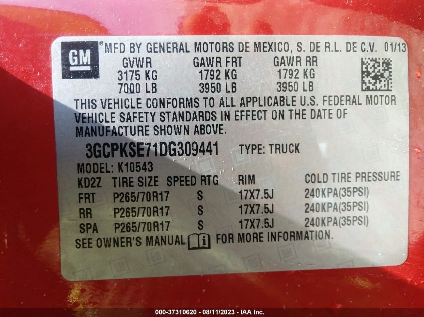 2013 CHEVROLET SILVERADO 1500 LT - 3GCPKSE71DG309441