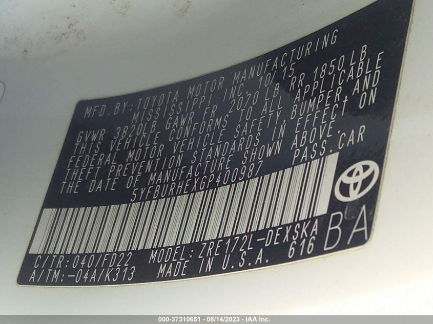 2016 TOYOTA COROLLA L/LE/S/S PLUS/LE PLUS - 5YFBURHEXGT400987