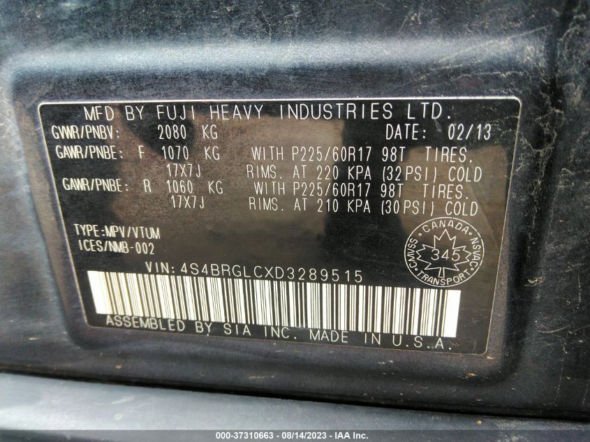 2013 SUBARU OUTBACK 2.5I LIMITED - 4S4BRGLCXD3289515
