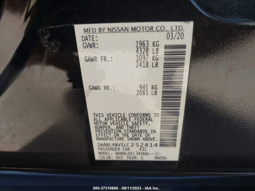 2020 NISSAN ALTIMA S - 1N4BL4BV1LC252414