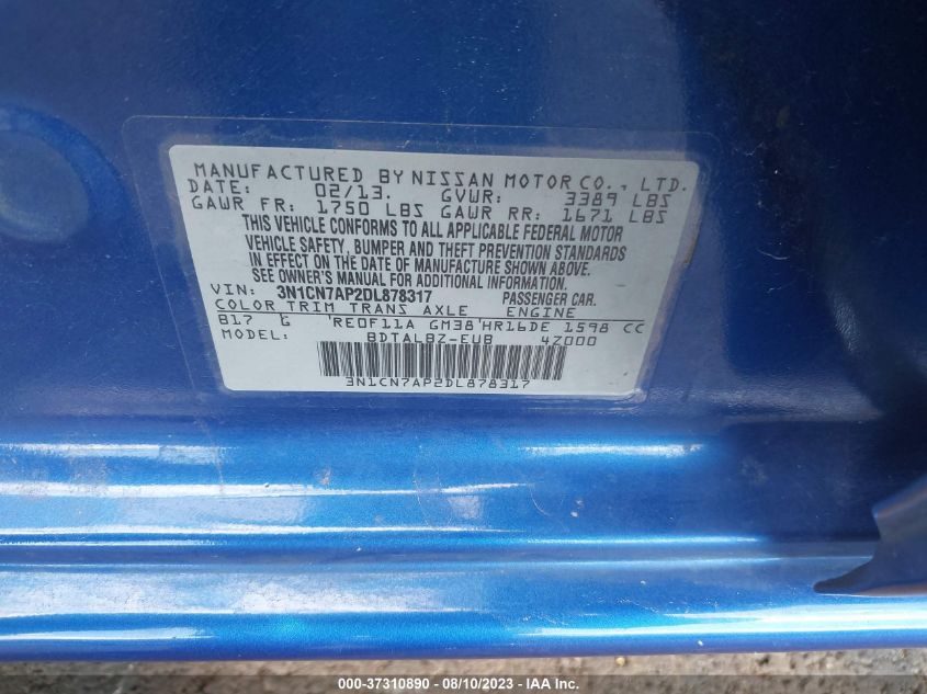 2013 NISSAN VERSA SV - 3N1CN7AP2DL878317