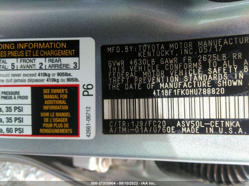 2017 TOYOTA CAMRY XLE/SE/LE/XSE - 4T1BF1FK0HU788820