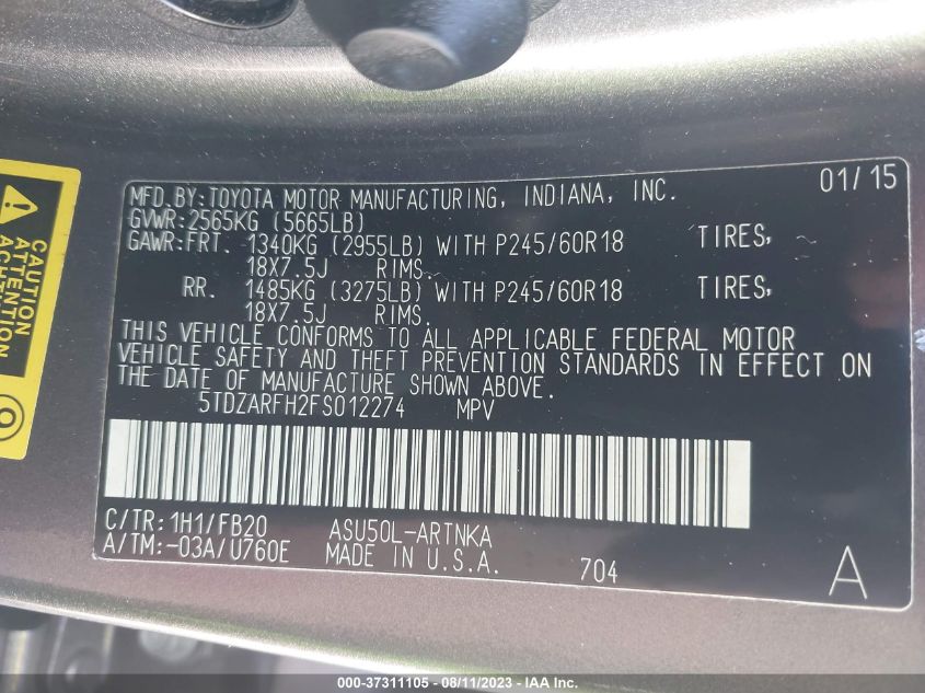 2015 TOYOTA HIGHLANDER LE - 5TDZARFH2FS012274