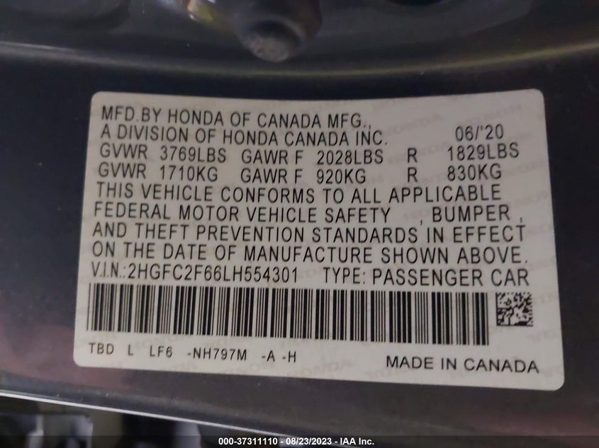 VIN 2HGFC2F66LH554301 2020 HONDA CIVIC SEDAN LX