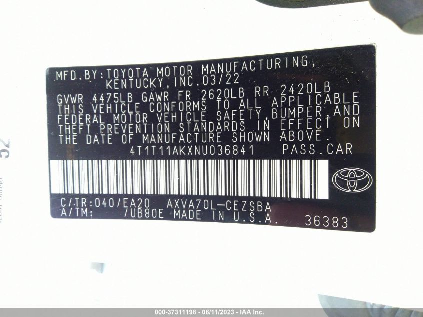 2022 TOYOTA CAMRY SE - 4T1T11AKXNU036841