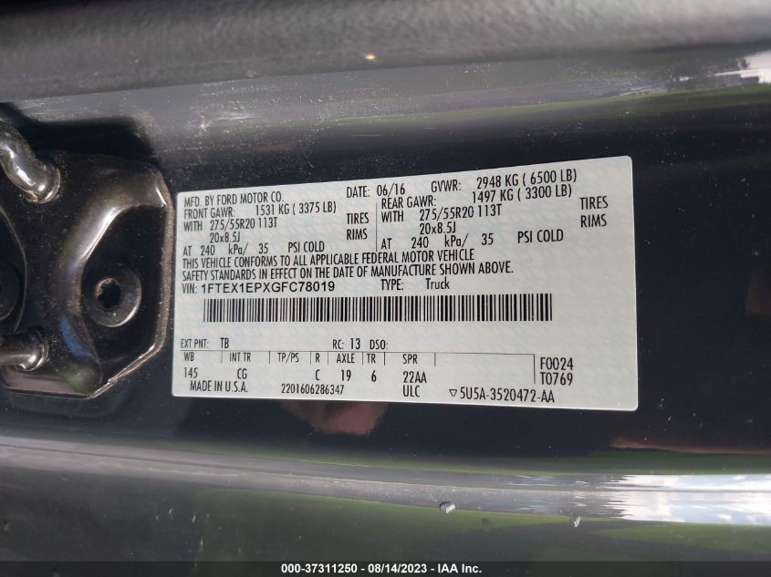 2016 FORD F-150 XLT/XL/LARIAT - 1FTEX1EPXGFC78019