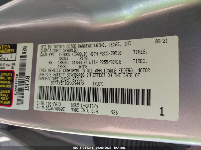 2021 TOYOTA TUNDRA 2WD SR/SR5 5TFRY5F18MX294418