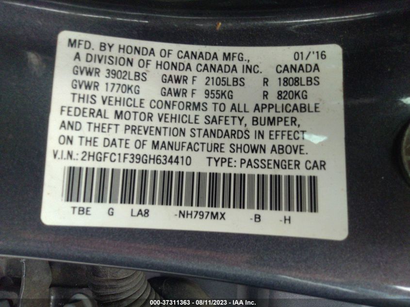 2016 HONDA CIVIC SEDAN EX-T - 2HGFC1F39GH634410