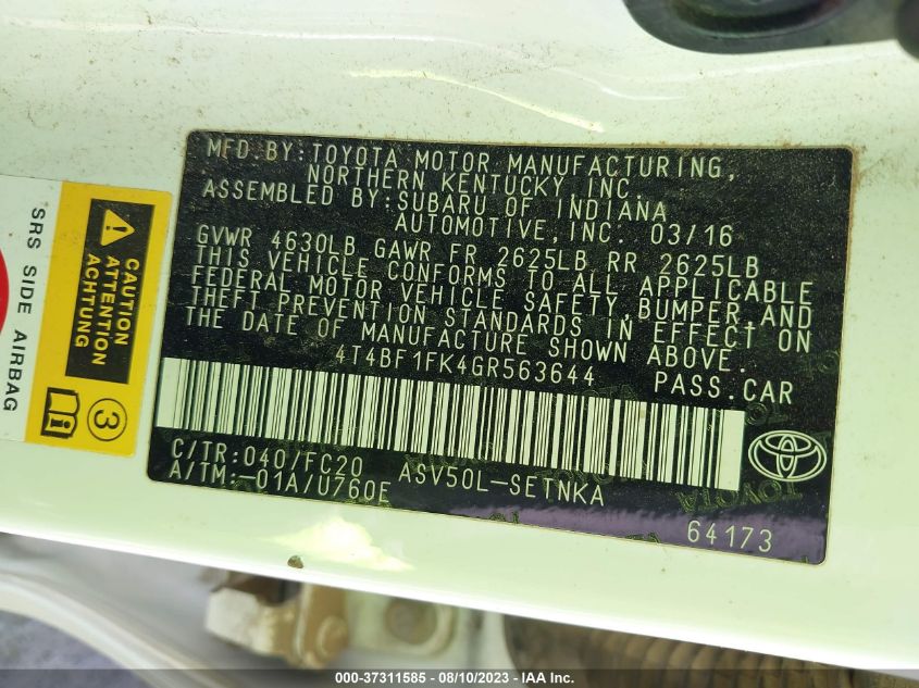 2016 TOYOTA CAMRY XLE/SE/LE/XSE - 4T4BF1FK4GR563644