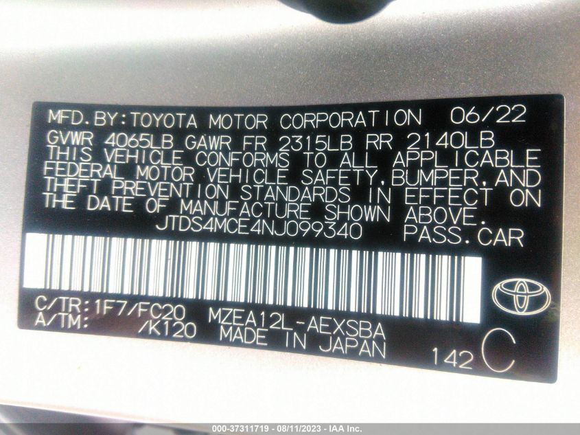 2022 TOYOTA COROLLA SE/SE NIGHTSHADE/APEX SE - JTDS4MCE4NJ099340