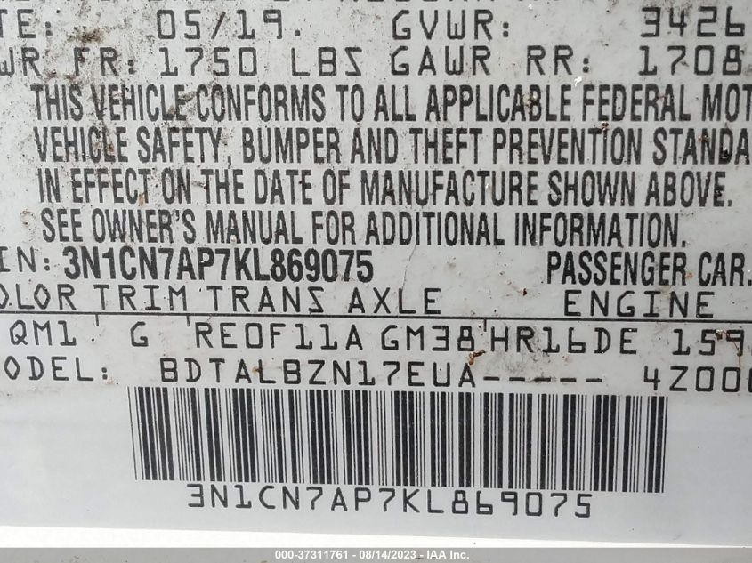 2019 NISSAN VERSA SEDAN SV - 3N1CN7AP7KL869075
