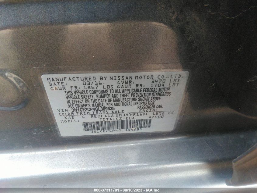 2016 NISSAN VERSA NOTE S PLUS - 3N1CE2CP4GL389535