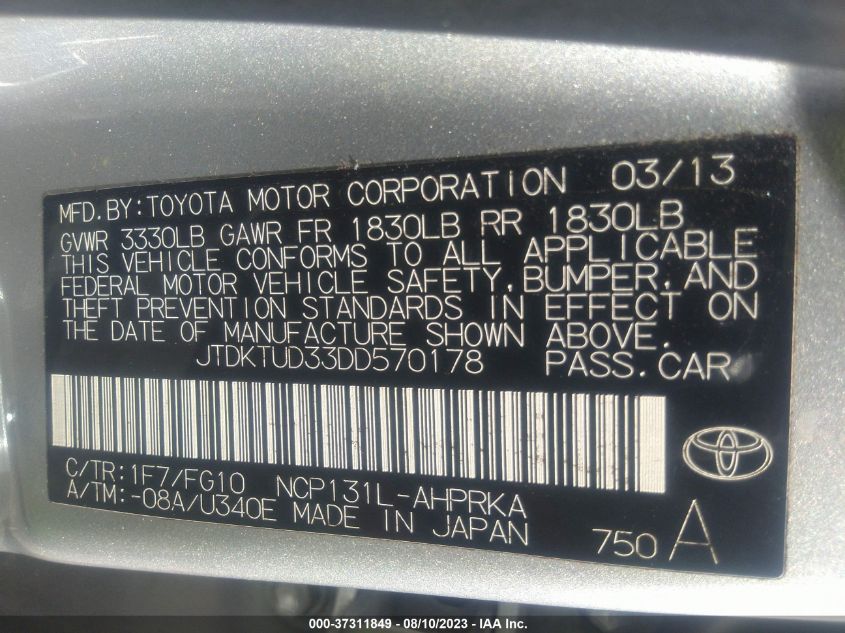2013 TOYOTA YARIS L/LE/SE - JTDKTUD33DD570178